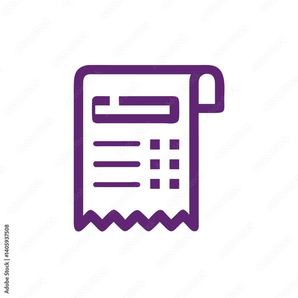 Purple Receipt Icon: A simple yet effective illustration of a purple receipt icon. The icon features a receipt with a zigzagged bottom and a header with a line for writing. Purple Receipt Icon: A simple yet effective illustration of a purple receipt icon. The icon features a receipt with a zigzagged bottom and a header with a line for writing.