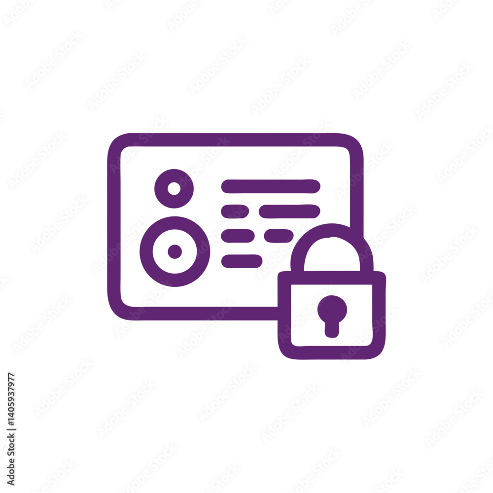 Secure Data Icon: Purple outline icon depicting secure data storage, featuring a data card and a padlock, symbolizing data protection and privacy. Secure Data Icon: Purple outline icon depicting secure data storage, featuring a data card and a padlock, symbolizing data protection and privacy.