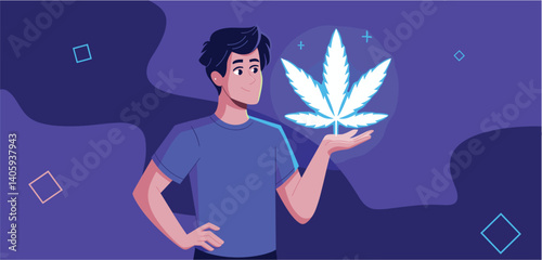 Man holding a glowing marijuana leaf in his hand
