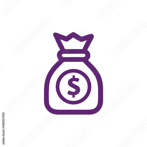 Purple Money Bag Icon: A simple yet effective icon of a purple money bag, symbolizing wealth, finance, and prosperity.  The design is clean, modern and suitable for various applications.