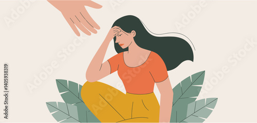 Hand reaching out to a woman with her hand on her forehead, expressing support
