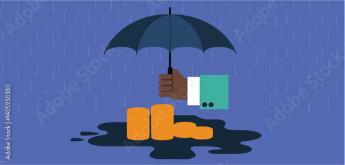 Hand holding an umbrella protecting stacks of coins from rain
