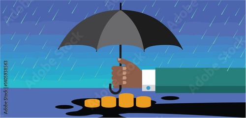 Hand holding an umbrella protecting stacks of coins from rain
