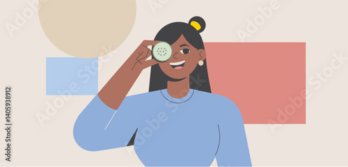 Confident woman standing with hands on hips in a modern abstract setting
