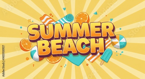 Summer beach explosion background with 3d text effects and vibrant orange yellow sunburst
