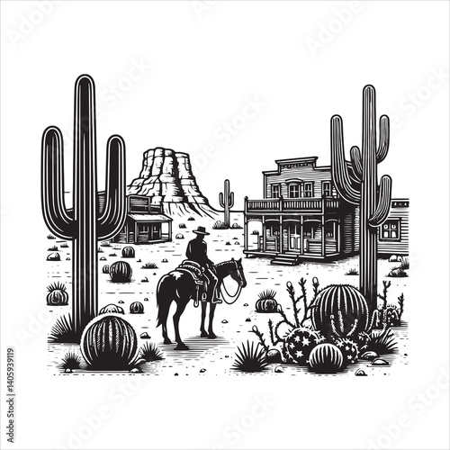 Title: Western Valley Landscape with Horse Rider and Cactus
