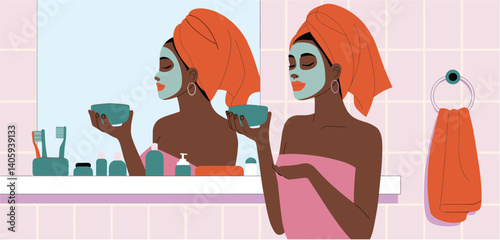 Woman with a facial mask and towel on her head holding a bowl in the bathroom
