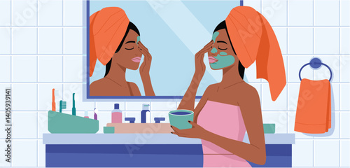 Woman with a facial mask and towel on her head holding a bowl in the bathroom
