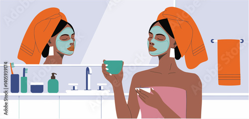 Woman with a facial mask and towel on her head holding a bowl in the bathroom
