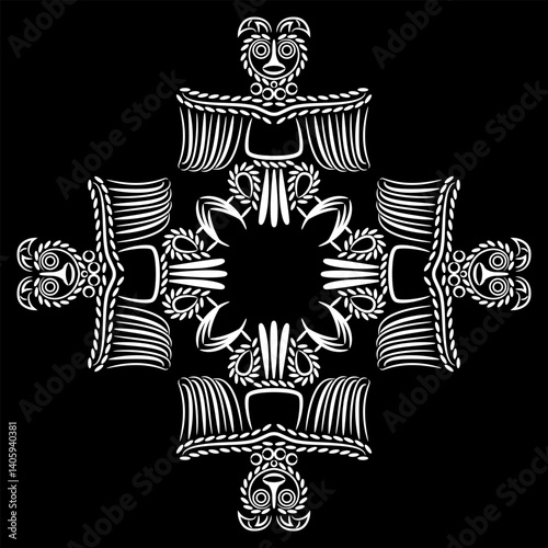 Square geometrical design or mandala with four stylized owls. Ethnic Russian totem bird symbol from ancient Siberia. Animal Permian style. Black and white silhouette.
