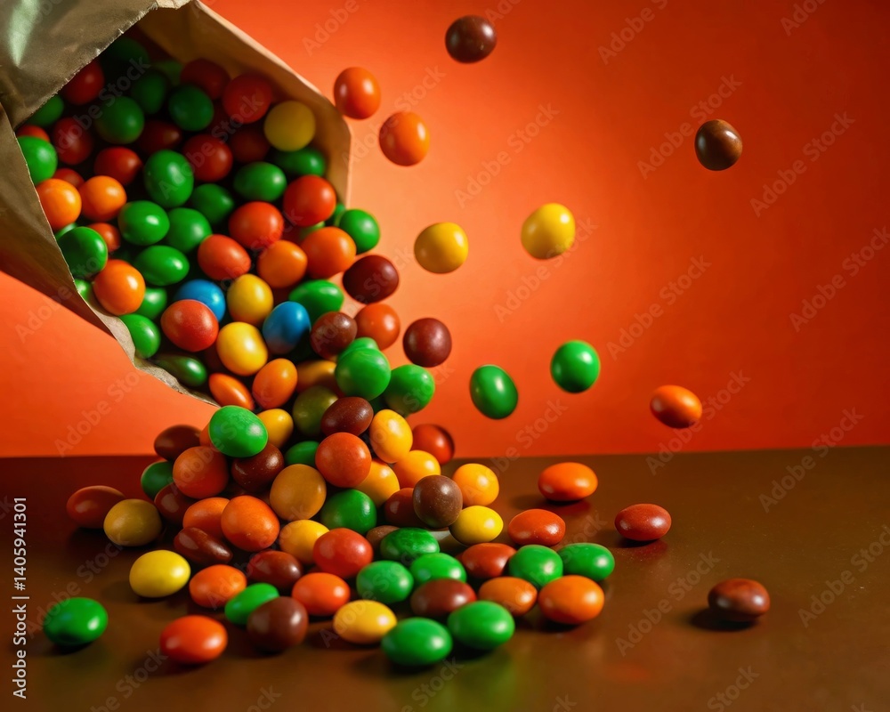 Obraz premium Aerial view of colorful candy spilling from packet on pastel background - playful sweet treats photography