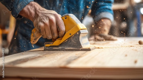 Carpenter sanding a wooden surface in a workshop. Featuring woodworking and finishing work