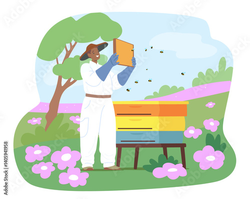 Man beekeeper cartoon character gathering honey holding wax frame with bees and sweet product