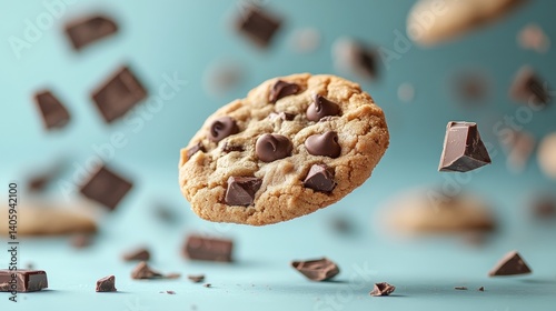 Obraz na płótnie Front-Facing Floating Chocolate Chip Cookie with Scattered Chocolate Chunks on Smooth Paste Background w salonie