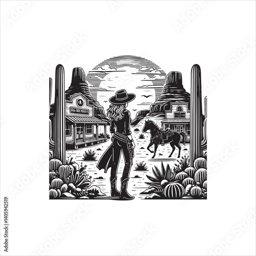Sunset Western Landscape with Cowgirl and Horse