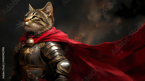 A cat in armor with a red cape, poised heroically against a dark background. Mythic Stanzas. Illustration