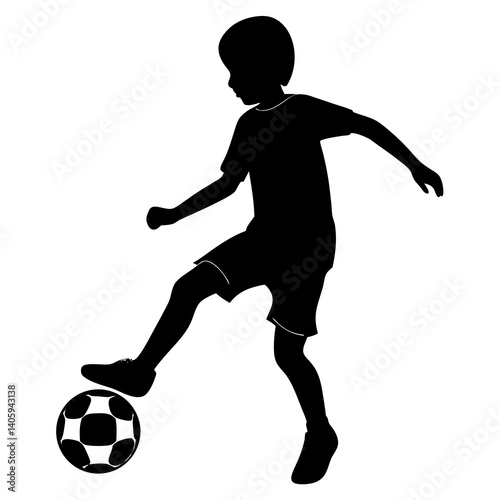  A boy playing soccer, kicking a ball silhouette isolated on white background