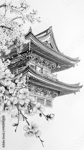 Elegant pencil sketch of a traditional Japanese temple with detailed wooden architecture framed by blooming cherry blossoms