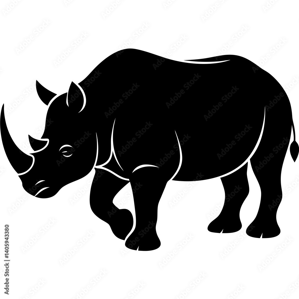 Fototapeta premium A strong rhino walking with its horn pointed forward silhouette isolated on white background