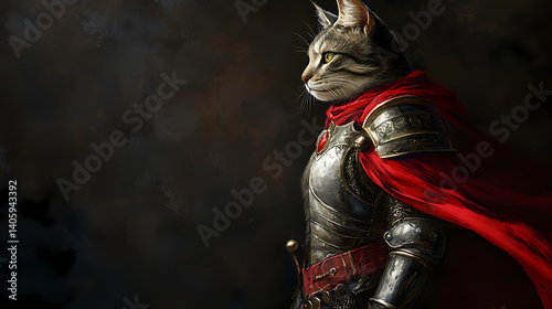 A cat in armor with a red cape, poised heroically against a dark background. Mythic Stanzas. Illustration