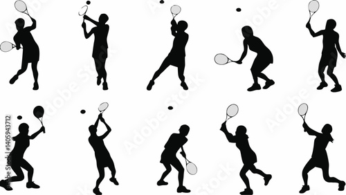 Powerful female tennis player silhouettes showcasing dynamic serves volleys and athleticism in black