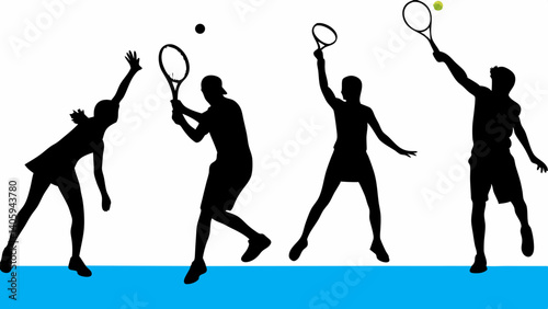 Energetic tennis players in action silhouettes against a vibrant blue court showcasing powerful