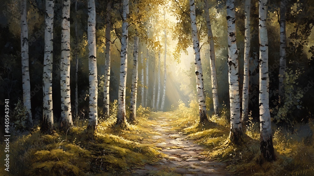 Obraz premium Quiet forest sanctuary delicate sunbeams filtering through tall graceful birches and a softly textured mossy floor creating an intimate vibe
