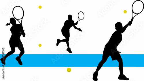 Intense Tennis Match Silhouettes Dynamic Action Players Serving Striking Court Background Simple