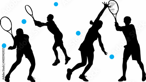 Intense tennis match silhouettes dynamic action poses strong players vibrant energy simple white