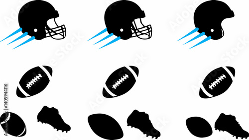 Fast action football helmets and balls graphic design elements simple black silhouettes on white