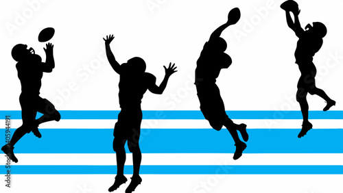 American football players leaping for the ball dynamic action silhouettes simple blue background