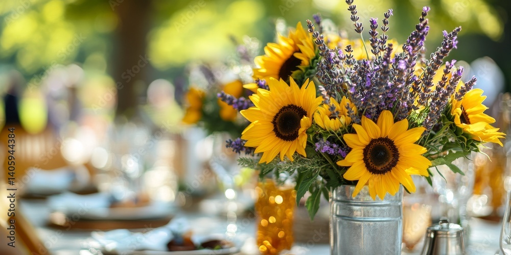 A beautiful arrangement of sunflowers and lavender in a rustic jar. Perfect for summer events or weddings. This image captures joy and warmth in a vibrant outdoor setting. AI