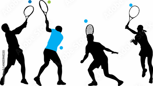 Energetic tennis players in action silhouettes against white background dynamic poses tennis balls