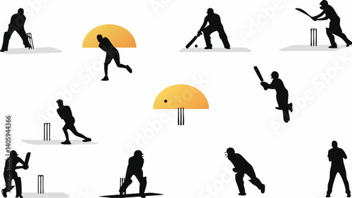 Cricket action silhouettes sunset backdrop dynamic poses game players batsmen bowlers wicket keeper