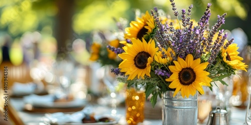 Obraz na płótnie A beautiful arrangement of sunflowers and lavender in a rustic jar. Perfect for summer events or weddings. This image captures joy and warmth in a vibrant outdoor setting. AI w salonie
