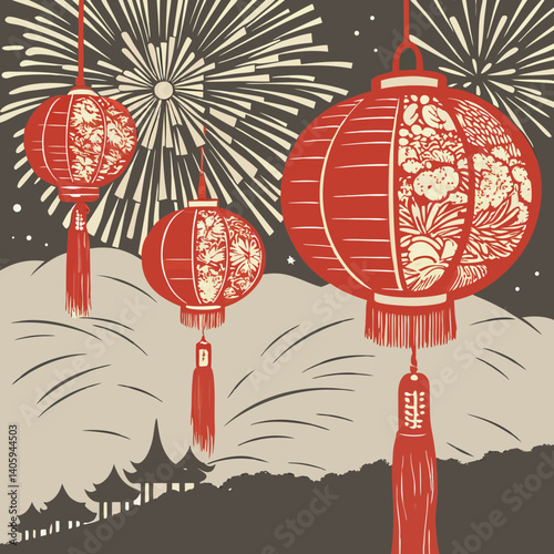 Festive red and gold Chinese New Year lanterns with fireworks in a night sky – vibrant vector illustration.