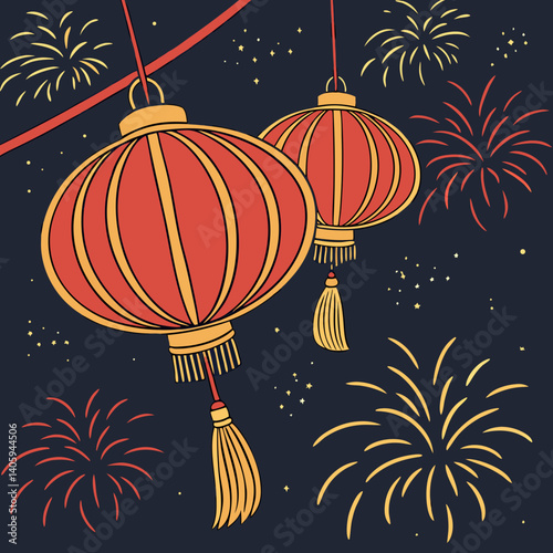 Festive red and gold Chinese New Year lanterns with fireworks in a night sky – vibrant vector illustration.