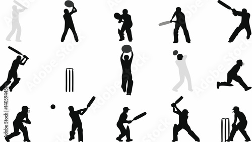 Cricket action silhouettes Batsmen bowlers wicket keepers in dynamic poses black and white
