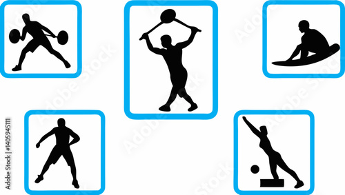 Diverse athletes in action weightlifting paddle surfing basketball core bold silhouettes vibrant