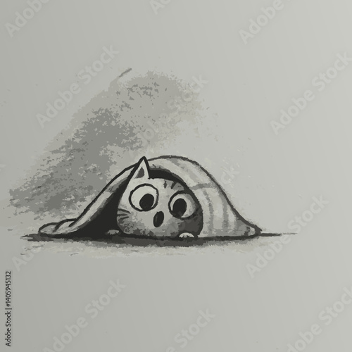 Cute cat peeking out in surprise from under a blanket  