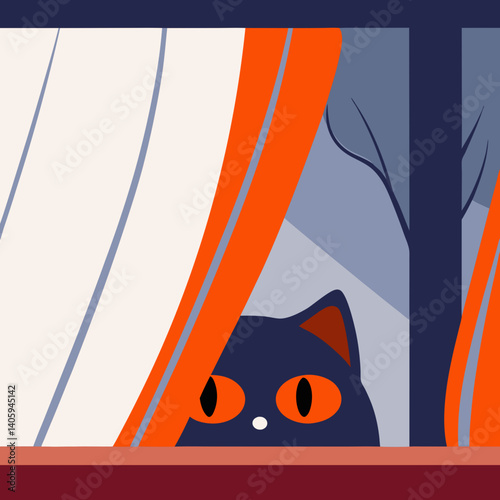 Cat peeking curiously through curtain at night background  
