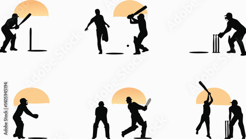 Cricket action silhouettes Batsmen bowling fielding wicket keeping sunset background simple graphic