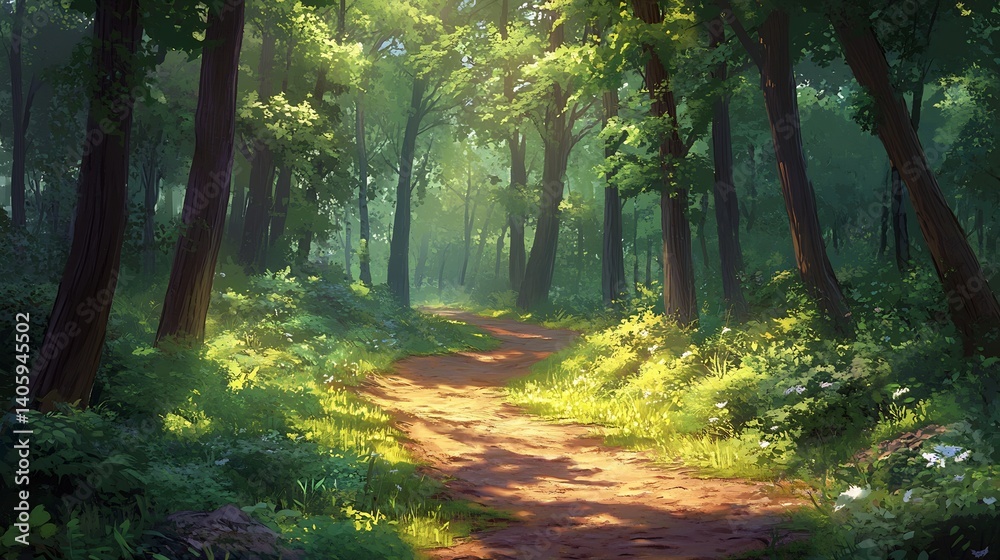 Obraz premium Quiet forest retreat featuring meandering dirt trail and soft sunlight cascading through leafy canopies evoking peaceful solitude and rustic charm