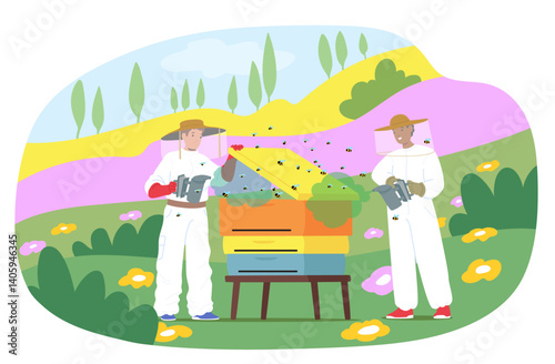 Apiculture farmers cartoon characters using bee smoker equipment for gathering honey scene