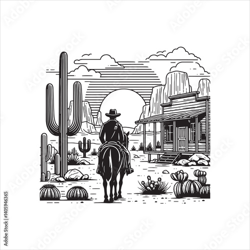 Title: Western Valley Landscape with Horse Rider and Cactus
