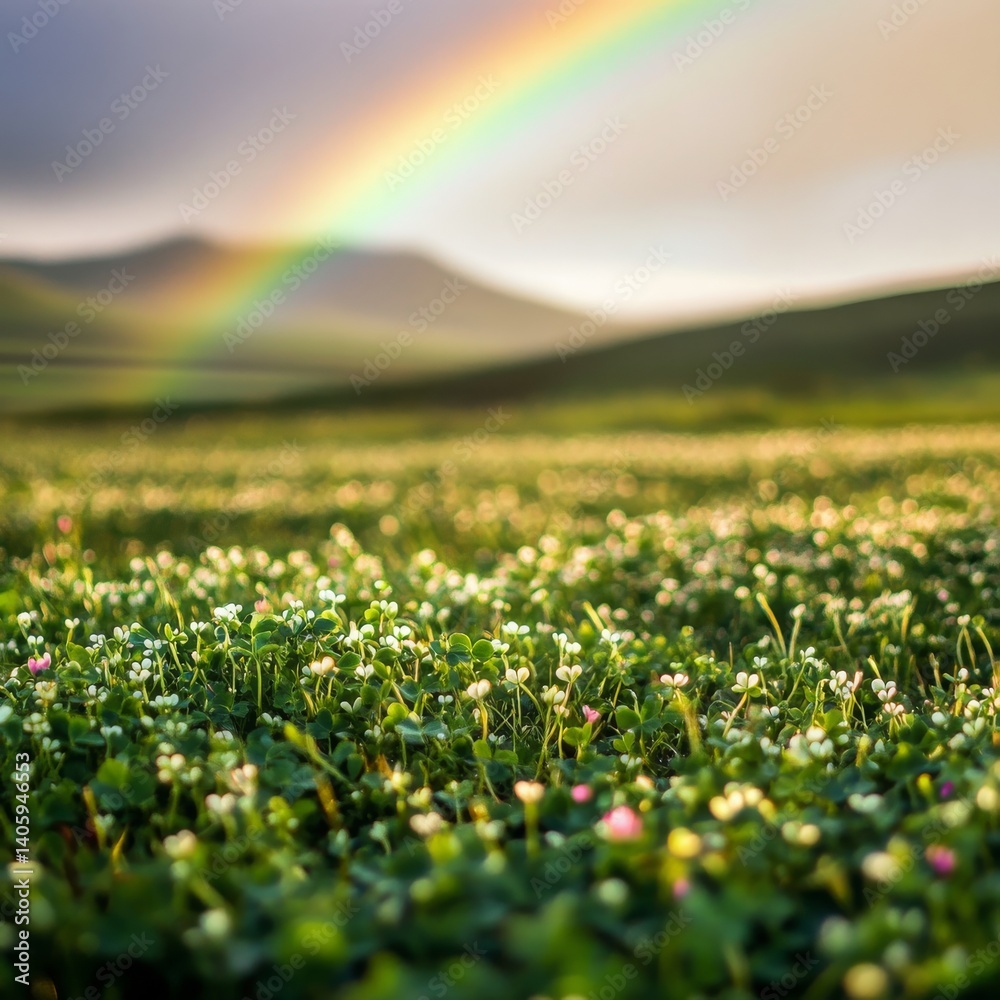 Fototapeta premium March St Patricks Day Shamrock Field Shamrock field under rainbow vibrant greengold contrast soft bokeh of distant hills aspect ratio whimsical Irish folklore vibe Image