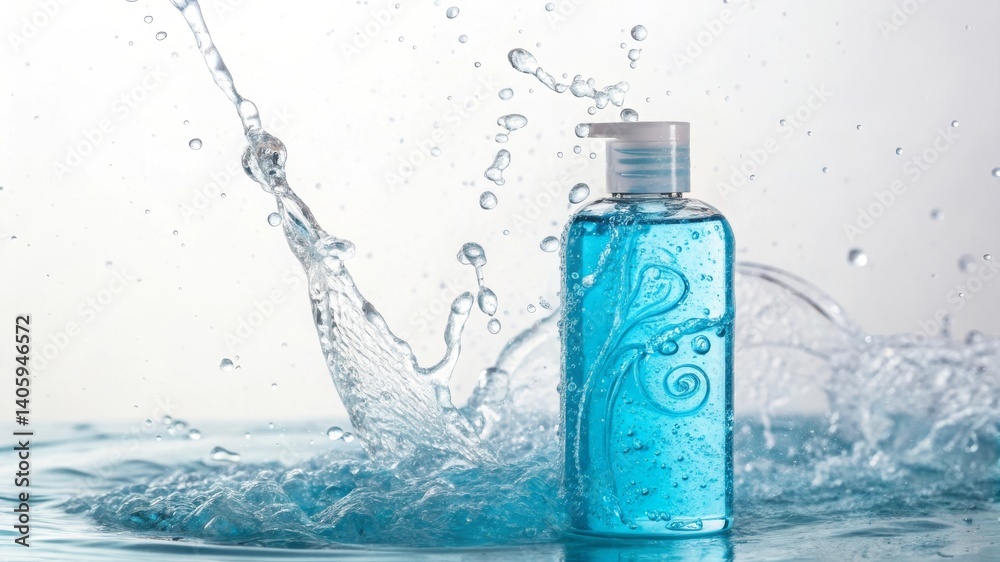 Dynamic water splashing around a shampoo bottle with swirling fragrance particles in a bright clean environment Dynamic water splashing around a shampoo bottle with swirling fragrance particles in a bright clean environment