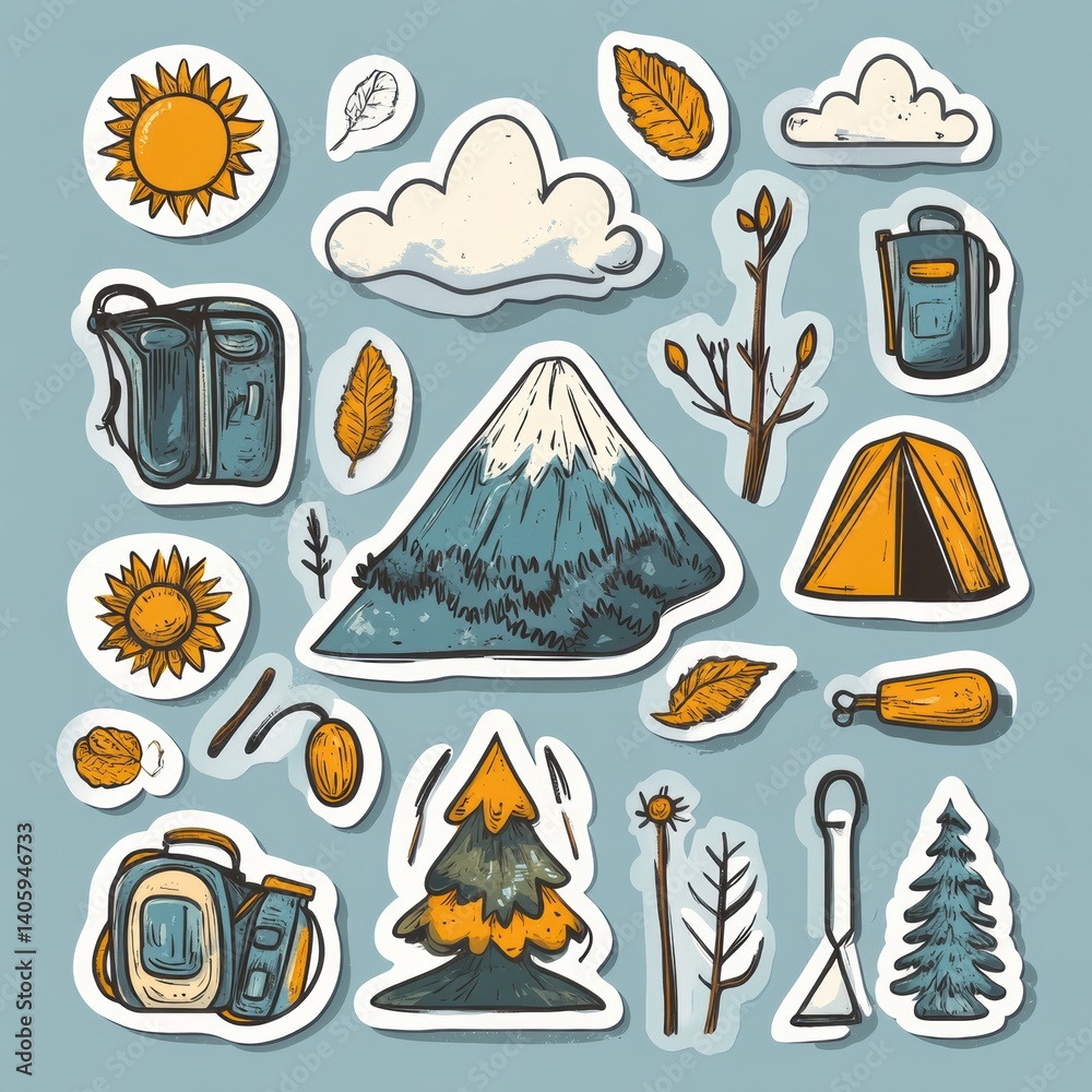 Hand-drawn nature sticker set featuring mountains, sun, clouds, trees, and camping gear in soft outdoorsy colors