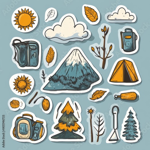 Obraz na płótnie Hand-drawn nature sticker set featuring mountains, sun, clouds, trees, and camping gear in soft outdoorsy colors w salonie