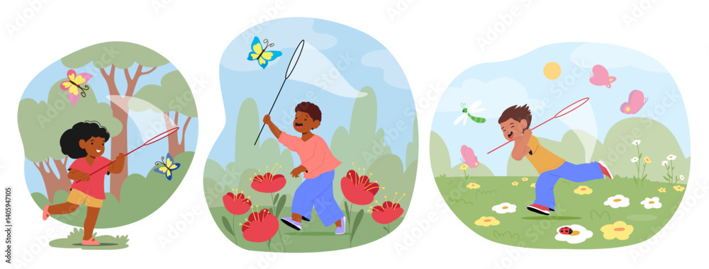 Fototapeta premium Overjoyed little kids cartoon characters holding net running fast trying to catch butterflies
